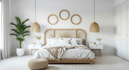 Bohemian Bedroom Interior with Rattan Headboard and Pendant Lights 12.17 image