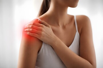 Fototapeta premium Young woman suffering from chronic shoulder pain and muscle inflammation