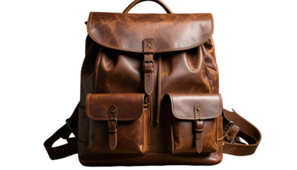 Close-up of a brown leather backpack with multiple pockets and a top handle
