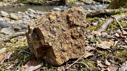Close-Up of Textured Brown Rock on Forest Floor Near a Calm Stream Surrounded by Leaves and Moss