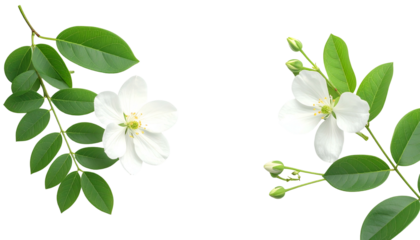 Two vibrant floral branches with pristine white blossoms and glossy green leaves against black