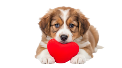 Adorable puppy holding red heart toy on black background