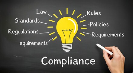 Lightbulb with Compliance Related Words Written on a Chalkboard Keywords: compliance, law, rules, policies, requirements, standards, regulations, idea