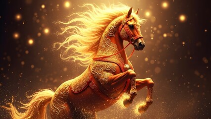 Majestic golden horse rearing up on hind legs with flowing mane and tail in sparkling light