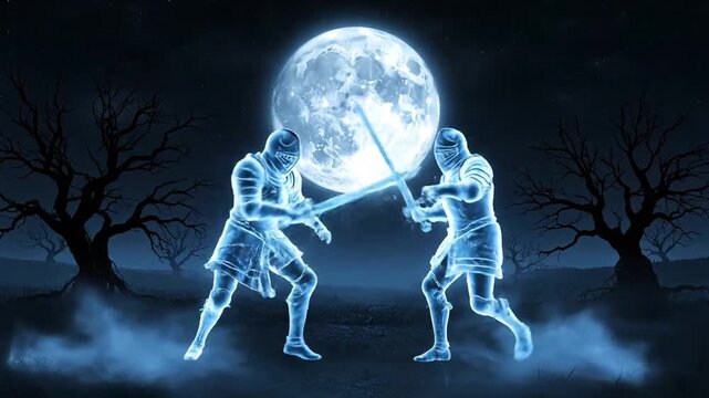Stylized digital illustration of two glowing spectral knights engaged in an epic sword duel under a majestic full moon, shrouded in mystery and mist