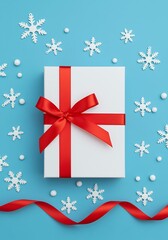 White gift box with red ribbon and snowflakes on blue background