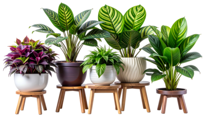 Several potted houseplants with varying leaf shapes and colors sit on small wooden stools