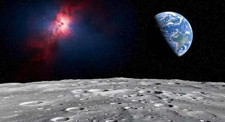Lunar surface with Earth and nebula visible in the starry sky moon planet