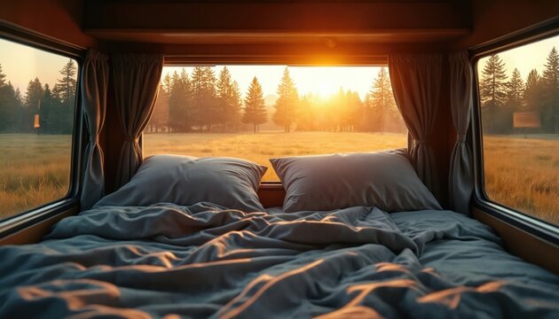 Cozy bed inside camper van overlooks sunlit meadow and pine forest. Comfortable bedding with pillows awaits rest in nature. Morning light filters through trees, creating peaceful ambiance.