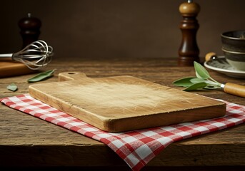Wooden cutting board on red and white checkered cloth