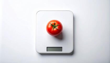 Single vibrant red tomato on a modern digital kitchen scale, emphasizing healthy eating, accurate ingredient measurement, and mindful portion control for nutritional wellness