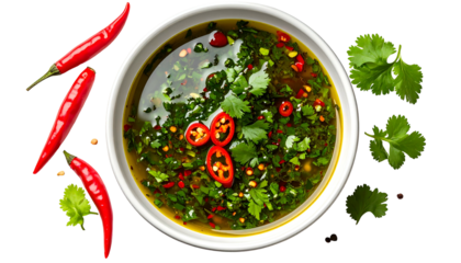 Overhead view of a white bowl with a vibrant green herb oil, peppers, and cilantro