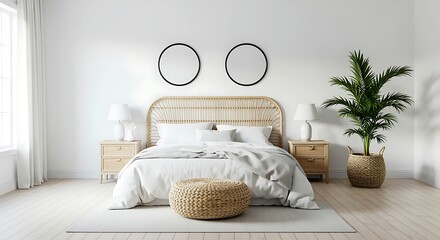 Minimalist Bedroom With Rattan Headboard White Bedding and Palm Plant interior home