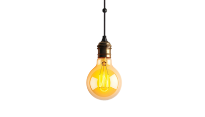 Close-up of a glowing, spherical lightbulb hanging from a black cord against a stark black background