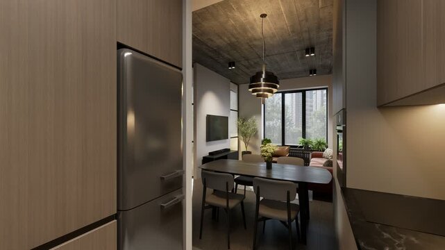 Studio apartment with an open kitchen area.	
