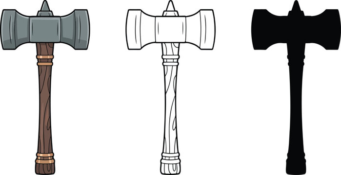 Battle hammer silhouette & Outline and illustration set isolated on transparent background