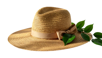 A sun hat with a bow, decorated with green leaves, rendered on a black background