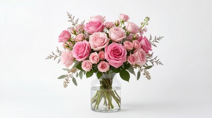 Beautiful bouquet of pink roses in elegant glass vase on white background