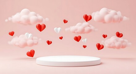 Valentine's Day Theme with Red and White Hearts Floating Clouds and Podium love romance