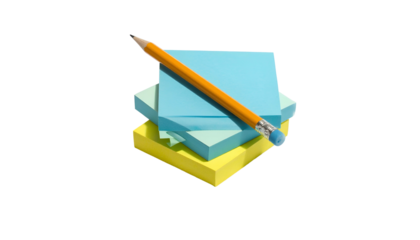 Stack of square sticky notes, some torn, with pencil resting on top, against black