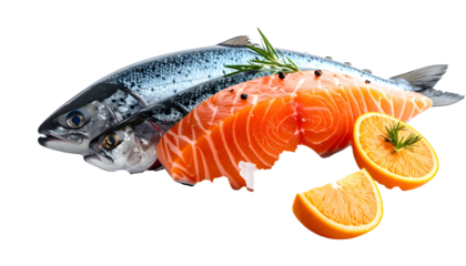 Fresh salmon and whole fish with citrus and herb garnish against a black backdrop