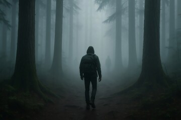 Obraz premium Man in a hooded jacket and backpack walking in a mysterious, foggy forest, two figures disappearing into the distance
