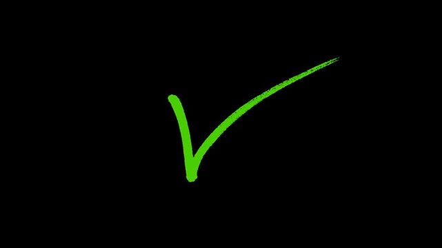 Vibrant green hand drawn check mark animation on black background representing success approval and task completion for creative business presentations and video intros.
