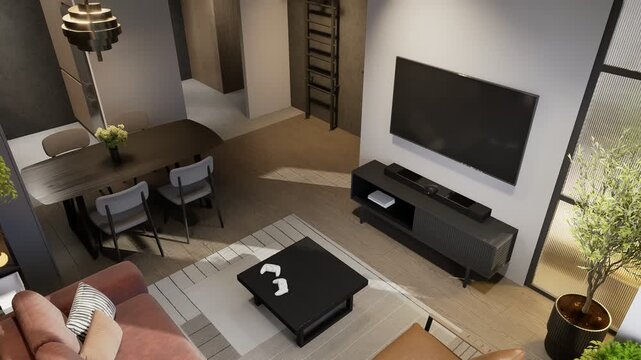 Studio apartment with an open kitchen area.	
