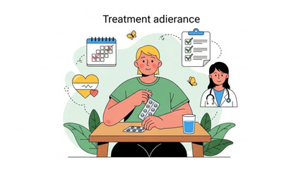Patient taking medication illustrating treatment adherence with calendar and doctor concept for healthcare and wellness flat vector illustration