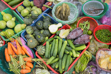 Colorful fresh vegetables displayed at Asian street market from above