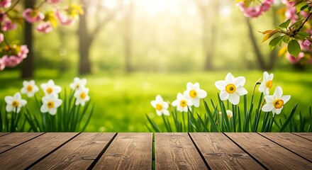 Wooden planks in foreground with blooming daffodils and trees in background table surface
