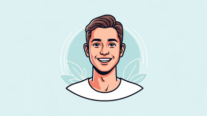 Friendly young man portrait smiling with dimples modern cartoon illustration for profile picture or avatar isolated on light blue background