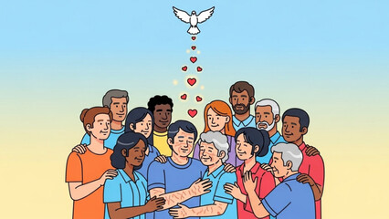 Diverse group of people embracing with a dove and hearts symbolizing peace love and unity perfect for spiritual or community concepts