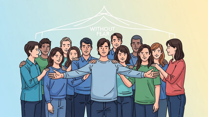 Diverse group of people standing together embracing unity and support representing community and teamwork illustration on a gradient background