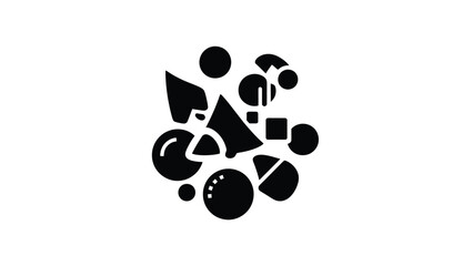 Abstract black shapes on a white background create a dynamic composition with varying sizes and forms