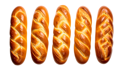 Five golden braided loaves of bread on a stark black background, close-up