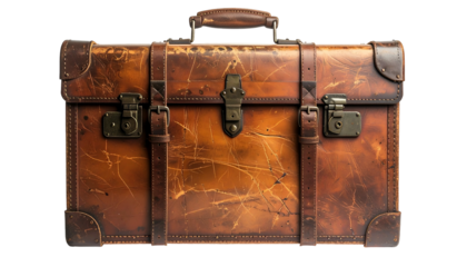 An aged, weathered leather suitcase, detailed straps, clasps, and handle, isolated on black