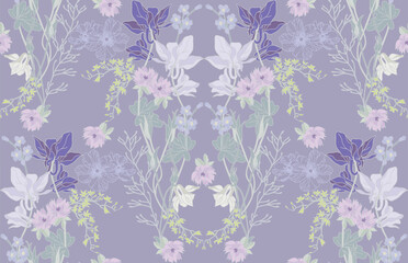Flowers in shades of white, yellow and purple, seamless pattern with beautiful flowers on a violet background for wrapping paper, wallpaper print and textile.