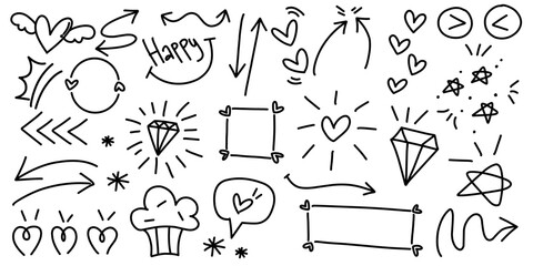 Cute doodle element collection featuring hearts, stars, arrows, diamonds, and speech bubbles in a simple black ink style