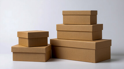 Stacked cardboard boxes on a white background with copy space for text or design. Concept of delivery, moving, and shipping service.