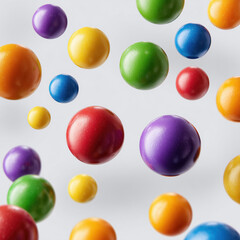 playful assortment of glossy, round candy balls in vibrant colors appears to float against a clean white background, evoking fun, sweetness, and childhood joy
