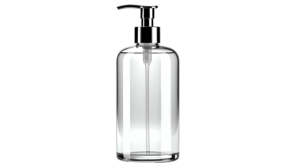 Clear liquid soap dispenser with metallic pump, isolated against a black background
