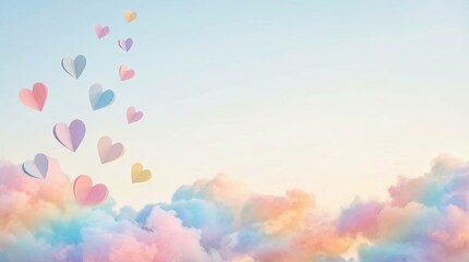 whimsical valentine background for advertising , pastel valentine sky with copy space Colorful hearts floating above soft clouds, creating a dreamy atmosphere.