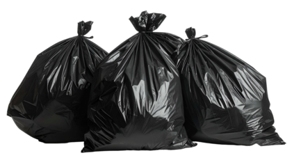 Three opaque black trash bags tied shut, against a transparent background