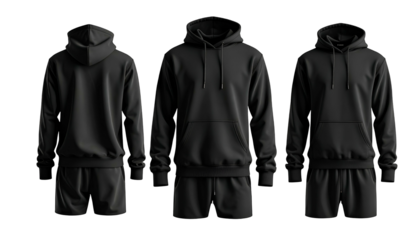 Three black hooded sweatshirts and shorts, front and back views, on a black background