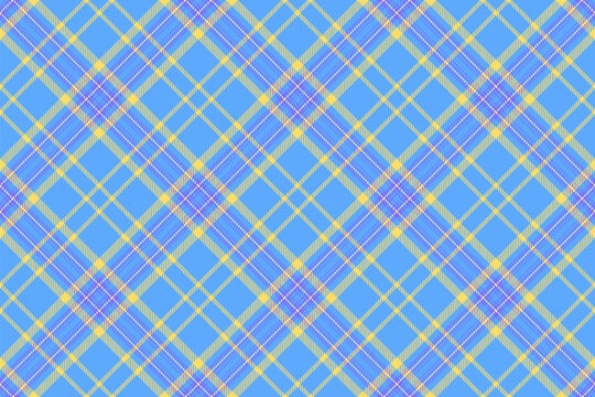 Girly seamless textile fabric, color background texture pattern. Colorful check vector tartan plaid in blue and yellow colors.