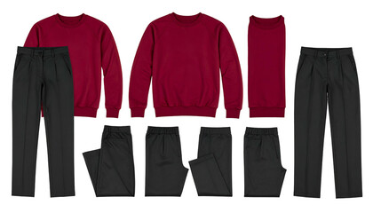 Outfit display Maroon tops with black pants in various styles, flat lay on black background