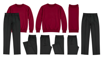 Outfit display Maroon tops with black pants in various styles, flat lay on black background