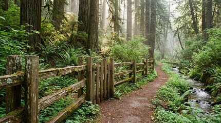 Scenic Forest Pathway Surrounded By Lush Greenery And Sunlit Misty Atmosphere