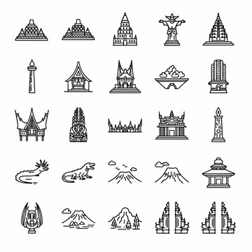 Collection of Indonesian Landmarks and Cultural Symbols Line Art Icons Vector Set Featuring Temples Monuments and Traditional Houses
